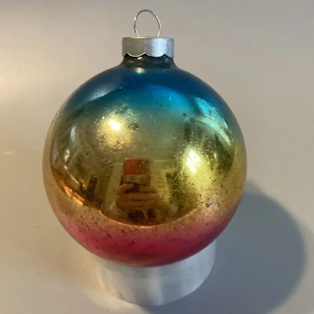 Vintage Christmas Ombre Glass Ornament Hand Made In USA Blue Pink Gold Fade